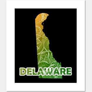 Colorful mandala art map of Delaware with text in green and orange Posters and Art